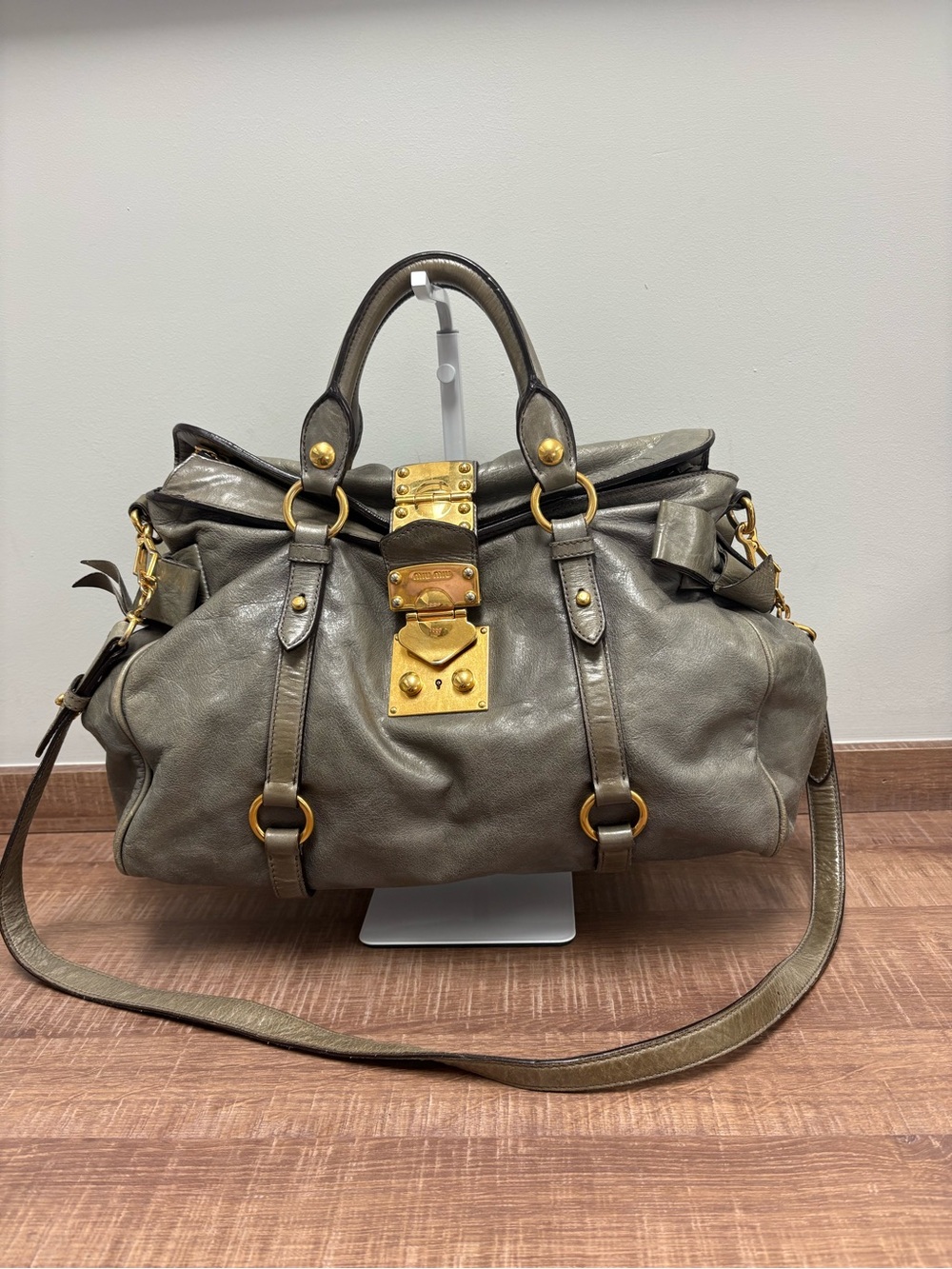Miu miu Vitello Lux Luxury Gray Leather Satchel with Gold Hardware